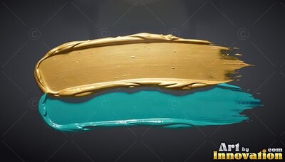 Against a dark gray surface, thick sweeps of gold paint and turquoise paint