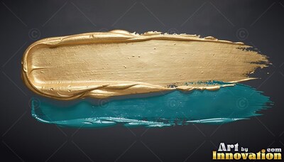 Sweeping across a dark backdrop, a thick gold paint stroke sits over teal paint