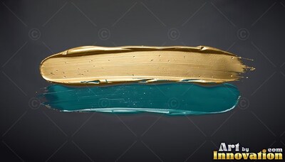 Glossy ridges run along a thick stroke of wet gold paint layered over teal on a dark gray surface