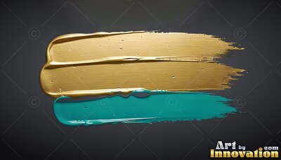 Glossy gold paint and teal paint brushstrokes spread horizontally, catching soft light on raised edges