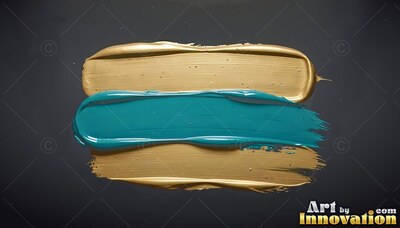 Horizontal on a dark backdrop, a teal paint stroke lies over two gold strokes