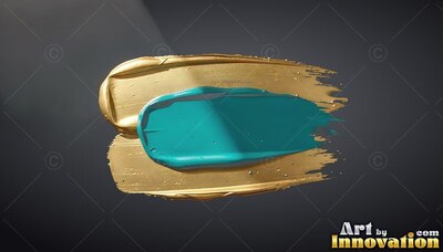 A teal paint stroke sits layered over a thick gold smear on dark gray background