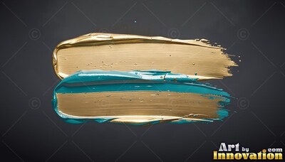 On a dark gray background, two thick brushstrokes spread in gold and teal