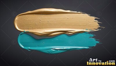 Sweeping across dark gray, thick wet gold paint rests over a bright teal smear