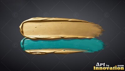 Thick teal paint mixed with gold sweeps of paint on a dark backdrop