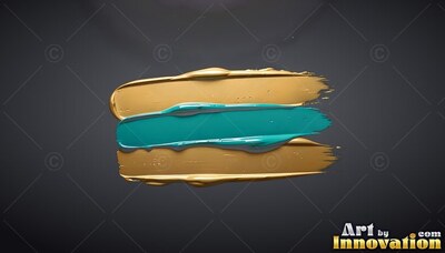 Thick teal paint rests between two wide gold brushstrokes against a dark background
