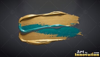 Dense gold and teal paint sweeps across a dark surface, catching soft light on the ridges