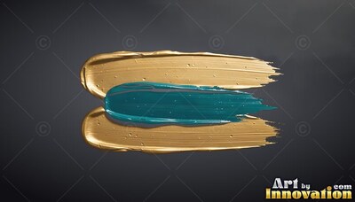 Horizontal thick brush strokes of gold and teal paint rest across a black backdrop