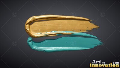 Against a dark gray background, two thick brushstrokes in gold and teal
