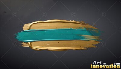 Streaking across black, a teal paint smear divides thick layers of metallic gold
