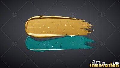 Heavy gold and teal colored paint smears on a dark backdrop