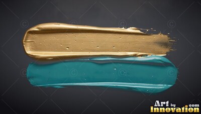Thick ridges mark parallel swipes of glossy gold paint and teal paint over a charcoal background