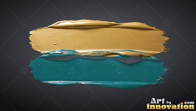 Thick teal paint mixed with glossy gold paint smears horizontally across a dark backdrop, catching soft highlights