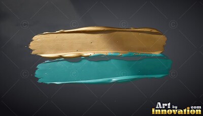 St retched horizontally on dark gray, broad gold and teal colored streaks of paint swipe across