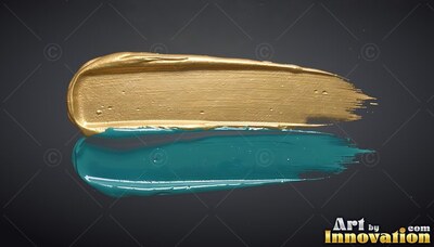 Thick teal and metallic gold paint smears rest horizontally against dark gray