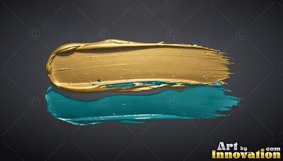 On a deep gray background, two thick brushstrokes of glossy gold paint and teal paint lie side by side