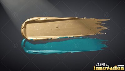 Streaking across dark gray, dense gold and teal paint smears taper to frayed ends