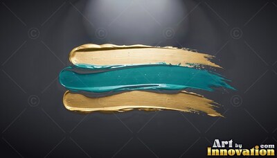 Thick ridged gold and teal colored paint sweeps across a deep gray surface under soft light