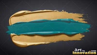 A teal paint stroke spreads across a thick gold brush mark, shining with glossy highlights