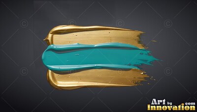Spread horizontally across dark gray, thick metallic gold paint and teal paint strokes overlap