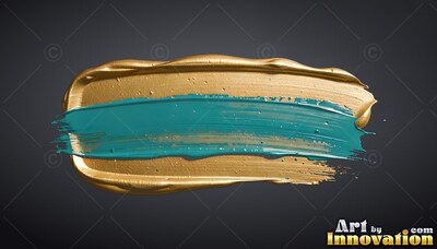 A teal paint brushstroke layered over a heavy gold paint swipe on dark gray