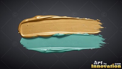 On a dark gray backdrop, thick teal and gold paint smears overlap horizontally
