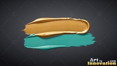 Sweeping across a deep gray backdrop, thick wet gold paint rests on a turquoise stroke