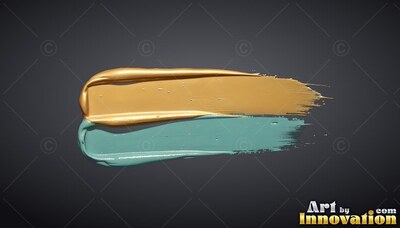 Thick ridges of glossy gold and teal paint sweep over dark gray backdrop