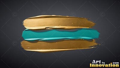 A bright turquoise paint stroke sits between two thick smears of glossy wet gold paint