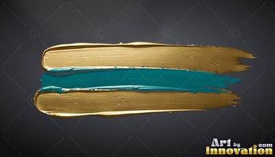 Stretched horizontally on dark gray, a teal paint smear between two gold strokes