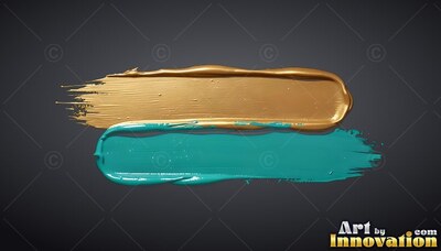 Thick brushstrokes of shiny gold and turquoise paint on dark gray