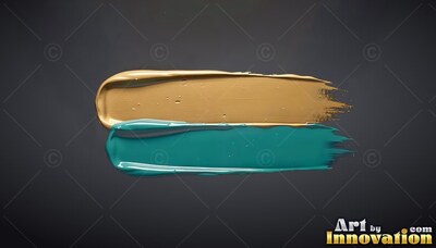 On a dark gray backdrop, thick teal paint mixed with gold paint sweeps across in smooth strokes
