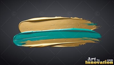 Sweeping across dark gray, a thick teal paint streak rests on glossy yellow-gold paint