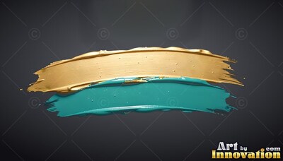 Dense gold paint and teal paint marks on dark gray