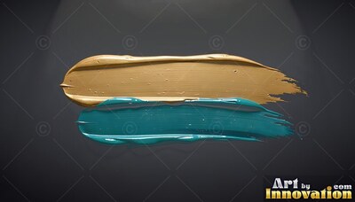 Two thick sweeps of paint swipe across a dark surface, catching overhead light on wet gold and teal gloss