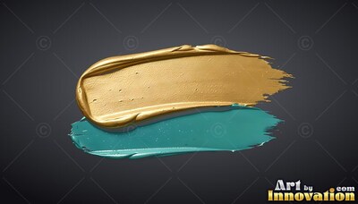 Swept horizontally against dark gray, thick gold paint rests over a teal smear