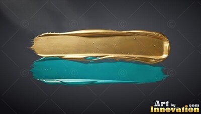 A thick streak of wet gold paint sits right above a teal brushstroke on dark gray