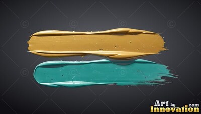 On a charcoal background, two thick brushstrokes lie in gold and teal