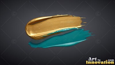 Sweeping across a dark gray surface, thick wet gold paint rests over a teal smear
