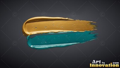 Thick gold and teal colored sweeps of paint on a black background
