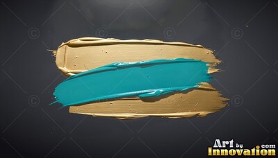 Thick turquoise paint spreads over a wide gold brushstroke with soft shine
