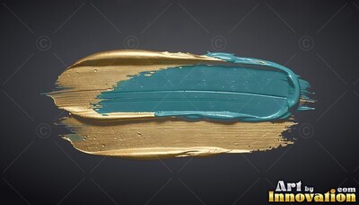 Stretched horizontally across a dark background, broad gold and teal paint swipes