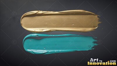 Thick gold and turquoise paint brushstrokes sweep across a dark background