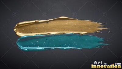 On a dark background, heavy gold and teal colored brushstrokes sweep sideways