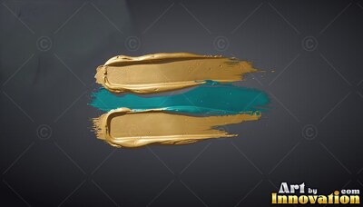 Sweeping across dark gray, two dense gold sweeps of paint border a streak of teal paint