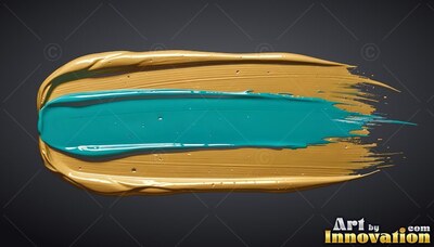 Thick teal paint streaks across a broad gold brushstroke over charcoal background