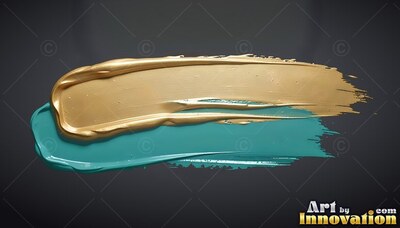 Heavy gold paint smears over a teal stroke, catching bright highlights on its ridges