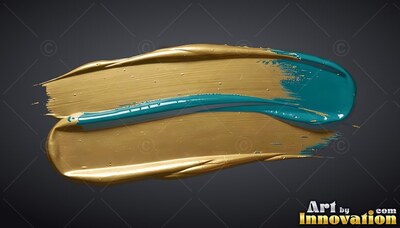 Stretched horizontally on dark gray, thick wet gold paint has a teal streak across it