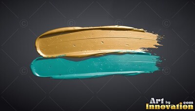 Thick smears of teal paint mixed with metallic gold paint brushed along a dark gray backdrop
