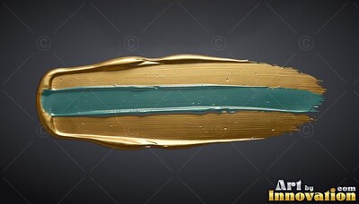 On a deep gray background, a thick wet gold paint stroke holds a teal stripe
